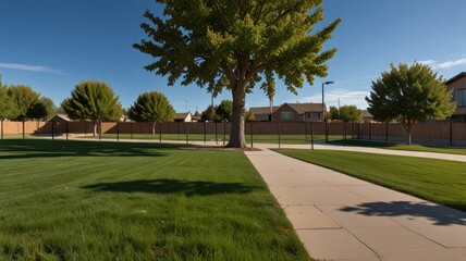 Obraz premium Suburban park path, green grass, trees, homes.