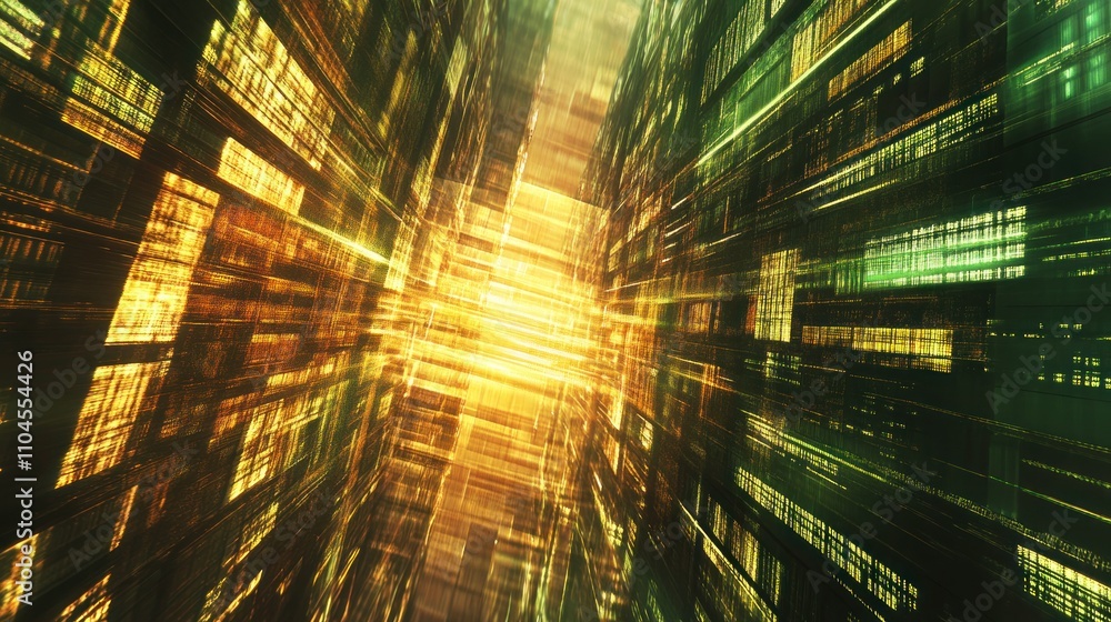 Poster abstract digital landscape with glowing lines and patterns, suggesting a futuristic environment.