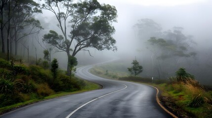 Winding Road Through Misty Forest Landscape