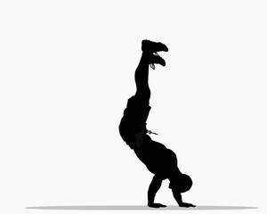 A male athlete performing a handstand against a simple white background, showcasing strength and balance.