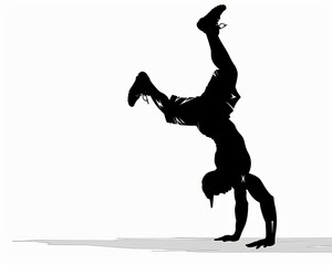 A male athlete of ambiguous ethnicity performs a handstand, showcasing strength and balance against a minimalist background.