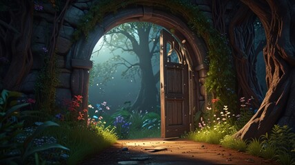 Open stone archway in enchanted forest, leading to a mystical tree.