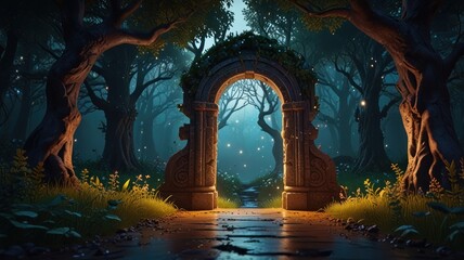 Mystical stone archway in enchanted forest at night.