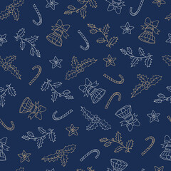 Seamless pattern of New Year's decor for New Year and Christmas. Illustration in sketch style.