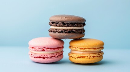 Colorful macaroon cookies against blue backdrop