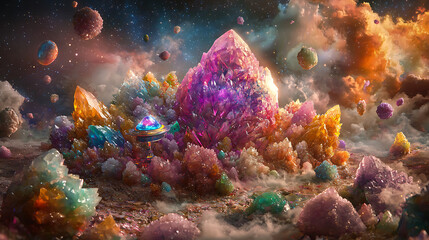 vibrant landscape featuring colorful crystals and planets, showcasing otherworldly scene filled with shimmering gems and cosmic elements