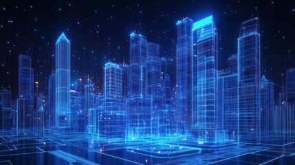 Obraz premium A futuristic cityscape rendered in blue digital lines, suggesting advanced technology.