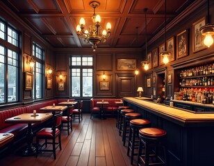 Warm british pub interior. Rich wooden paneling, vintage decor create inviting atmosphere. Pub bar with seating area, comfortable lighting. Classic pub ambiance. Traditional furniture, warm lights.