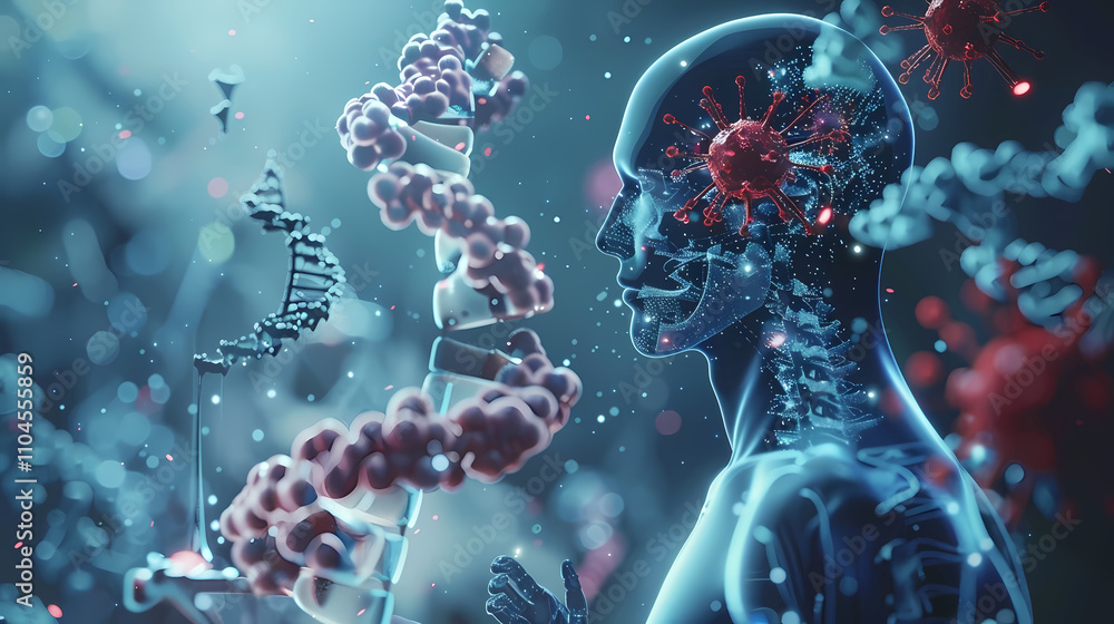 Poster decoding the human body: a mesmerizing 3d rendering of a human figure intertwined with dna strands a