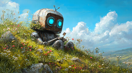 imaginative depiction of robot sitting in lush landscape, surrounded by flowers and greenery, enjoying peaceful moment under bright sky