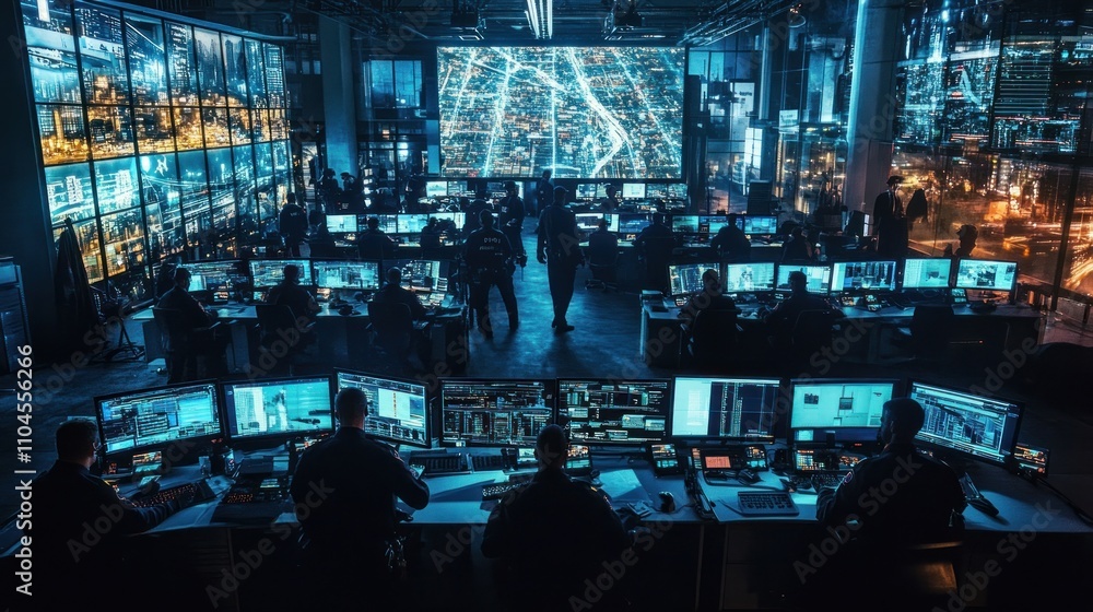 Poster a high-tech command center with personnel monitoring large screens and data displays.
