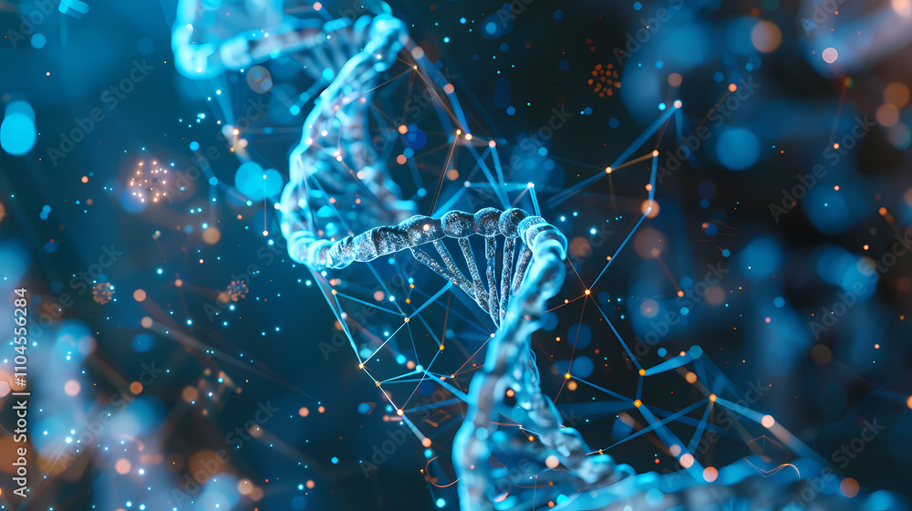 Poster dna double helix: microscopic view of a dna double helix, glowing with an ethereal blue light agains