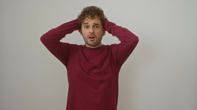 Young hispanic man standing with hands on head wearing t-shirt, crazy and scared expression with open mouth in surprise over isolated white background
