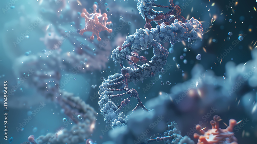 Aufkleber dna molecule in vibrant microscape: a mesmerizing 3d rendering captures the intricate beauty of a dn