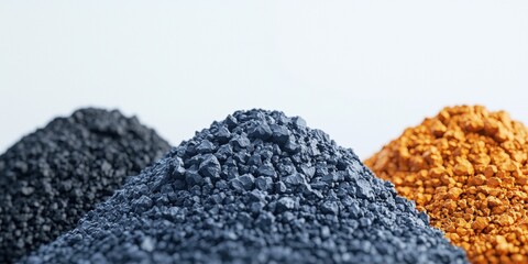 Industrial minerals piles studio setting macro photography abstract background textured surfaces material exploration