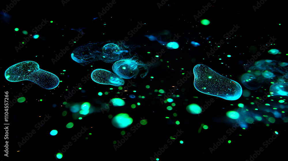 Poster captivating luminescent particles creating a mesmerizing underwater experience at night