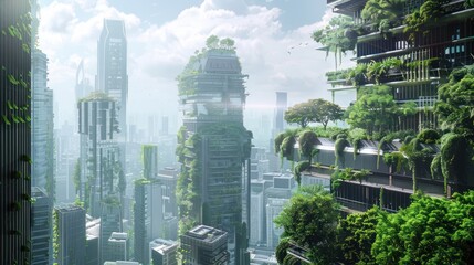 Obraz premium A futuristic cityscape with lush greenery integrated into modern architecture.