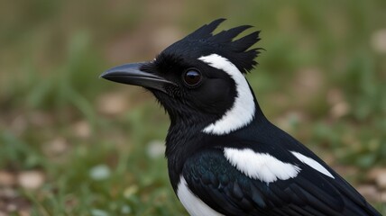 Fototapeta premium Close-up of a magpie bird, black and white plumage, sharp beak, detailed feathers.