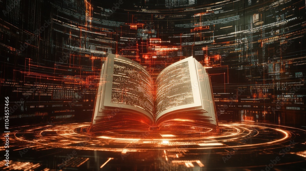 Poster An open book surrounded by digital data streams, symbolizing knowledge and technology.