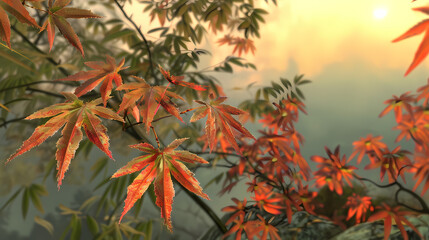 Autumnal Glow:  Sun-drenched maple leaves in vibrant hues of red and orange, a breathtaking autumn scene.