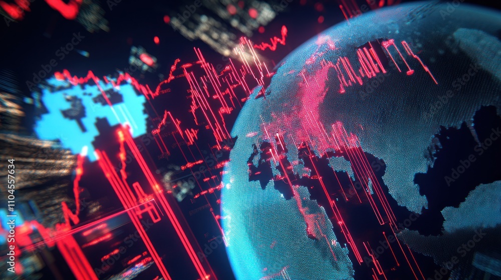 Poster a digital representation of a globe with data graphs, symbolizing global markets and technology.