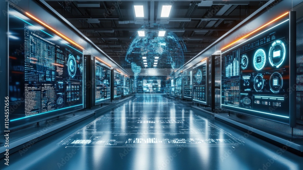 Aufkleber a futuristic data center with digital screens displaying global information and analytics.