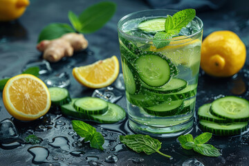 Fototapeta premium Rich detox water with cucumber, lemon, ginger and mint for a healthy diet.. 
