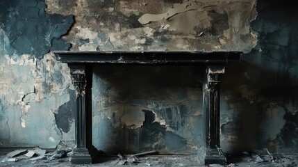 A charred black fireplace against a distressed wall, showcasing signs of damage and decay.