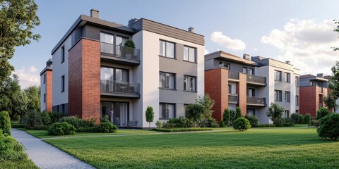 Modern apartment complex exterior urban setting real estate photography lush green environment wide angle view