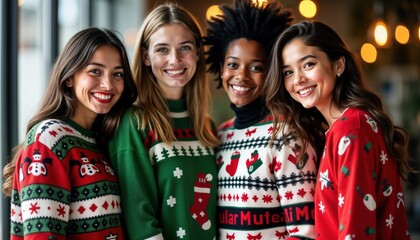 Happy young office staff pose for holiday party. Diverse group wear festive ugly Christmas sweaters in vibrant colours. Joyful expressions, smiles evident. Atmosphere warm, friendly. Company holiday