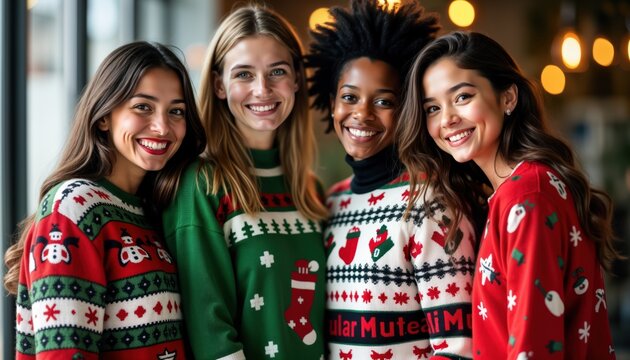 Happy young office staff pose for holiday party. Diverse group wear festive ugly Christmas sweaters in vibrant colours. Joyful expressions, smiles evident. Atmosphere warm, friendly. Company holiday - Powered by Adobe