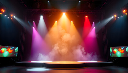 stage light with colored spotlights and smoke, concert and theatre scene isolated with white highlights, png