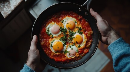Hands hold a pan with Shakshuka eggs. Poached eggs in a spicy tomato pepper sauce, onion and parsley