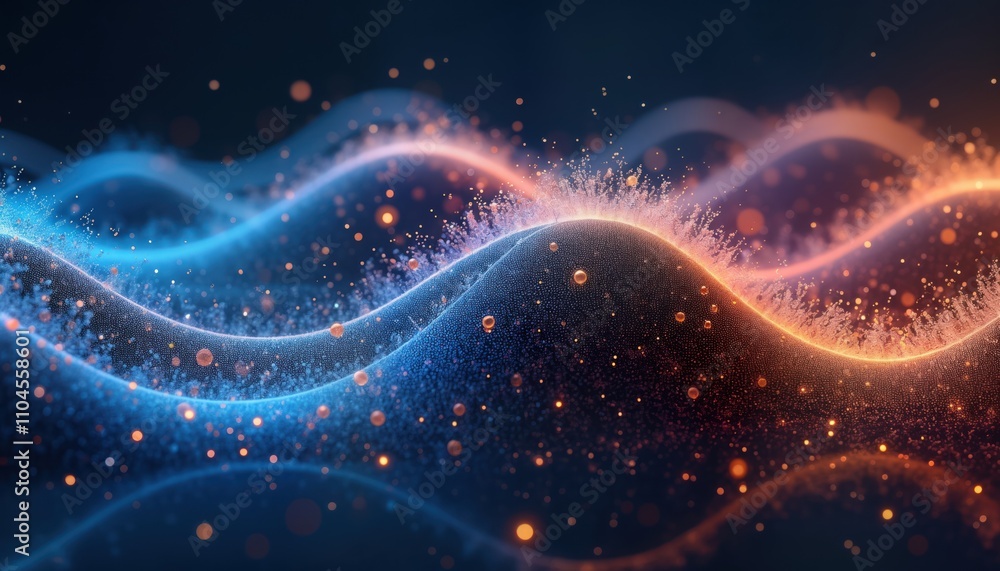 Fototapete abstract graphic design. blue and orange glowing particles flow in waves. dynamic effect. modern vib