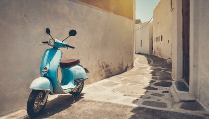 Old scooter parked by the wall in the empty street of Karpathos, Greece. Post processed with vintage filter