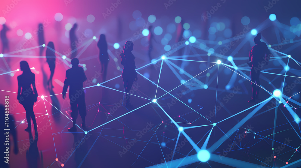 Aufkleber global network: silhouettes of diverse people interconnected by a glowing network of lines and nodes