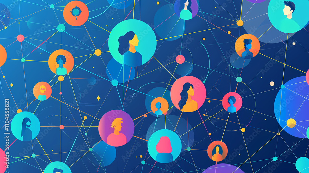 Poster connected and collaborative: a vibrant network of interconnected individuals, symbolized by colorful