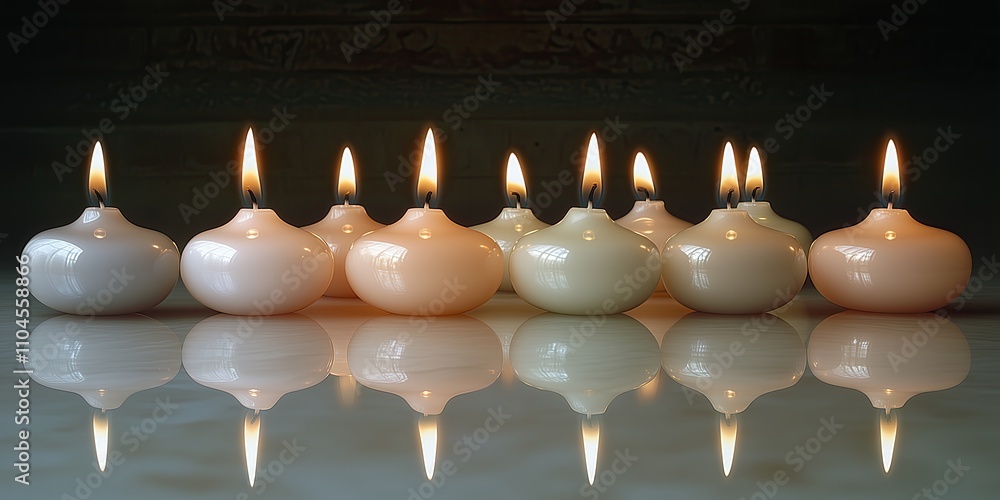 Poster eight elegant candles with soft flames in white and beige colors are arranged in a row reflecting be