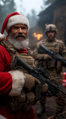 Fototapeta premium Santa Claus Soldier in Tactical Gear Holding Rifle in a War Zone