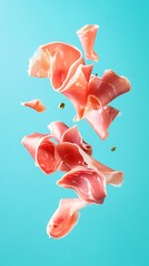 design Magazine Cover for falling Prosciutto di Parma on solid background color blue
