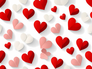 a seamless pattern of small red hearts on white background, papercraft style.