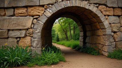 Stone archway leading to a tranquil path through lush greenery.