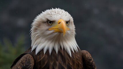 Fototapeta premium Majestic bald eagle portrait, sharp gaze, detailed feathers, intense stare.