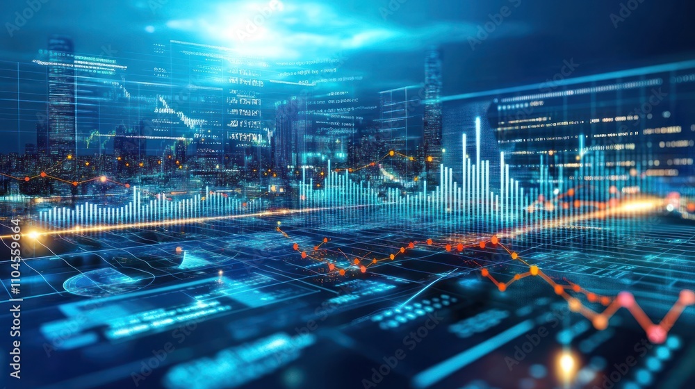 Aufkleber futuristic cityscape with digital graphs and data visualizations.
