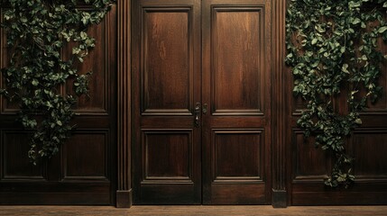 Dark brown wooden double doors with green ivy plants on wood paneled walls.