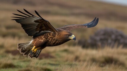 Golden eagle in flight over moorland.