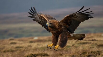 Fototapeta premium Golden eagle in flight, landing in moorland.