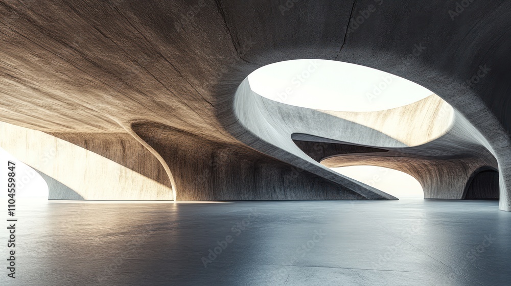 Poster a modern architectural interior showcasing fluid lines and open spaces.