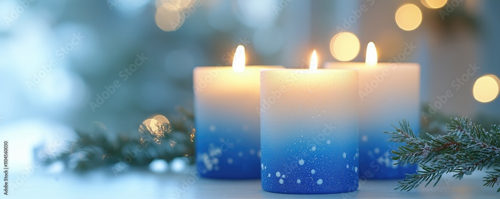 Aufkleber three elegant candles with blue ombre design softly flickering against a frosty pine branch creating