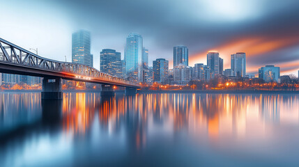 Art Deco bridge spanning a vibrant city skyline, with sleek curves and bold colors, architecture